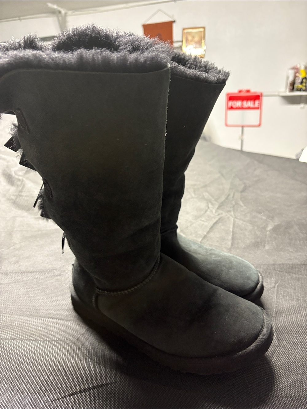 UGG Black Suede Bow-Back Shearling Boots